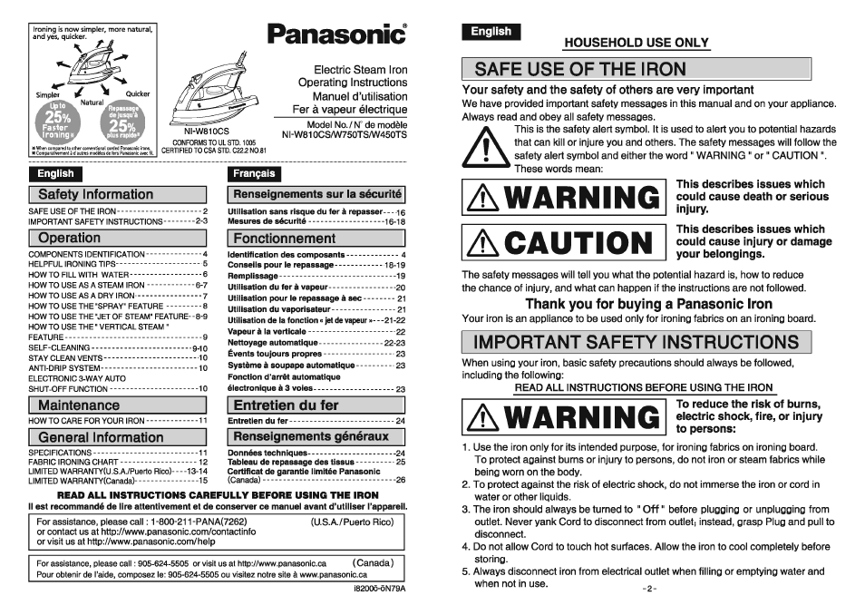 Thank you for buying a panasonic iron, Awarning, Caution | Safe use of the iron, Important safety instructions | Panasonic NI-W810CS User Manual | Page 2 / 13