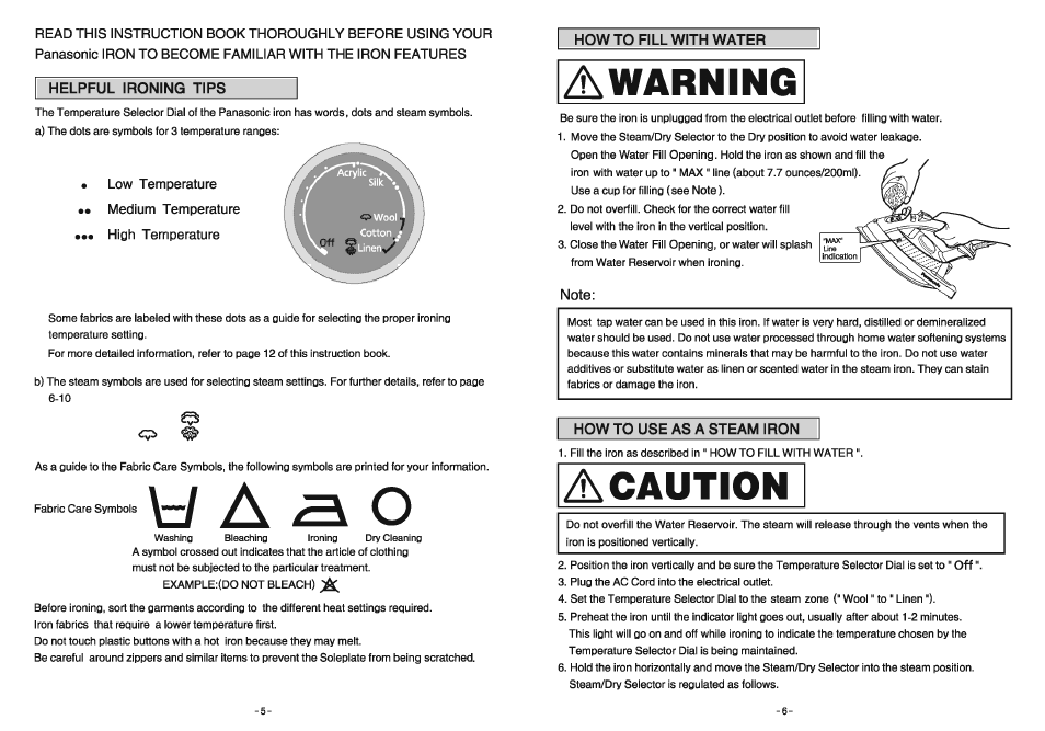 How to fill with water, Note, How to use as a steam iron | Awarning, Caution | Panasonic NI-W810CS User Manual | Page 6 / 13