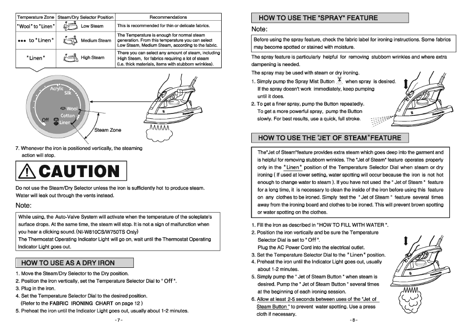 Note, How to use as a dry iron, Caution | Panasonic NI-W810CS User Manual | Page 7 / 13