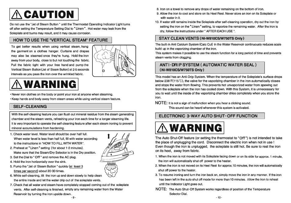How to use the "vertical steam" feature, Self-cleaning, Self-cleaning -10 | Caution, Awarning | Panasonic NI-W810CS User Manual | Page 9 / 13