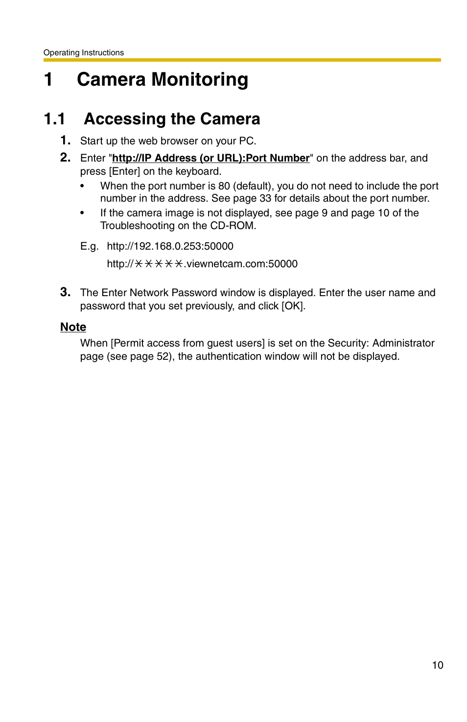 1 camera monitoring, 1 accessing the camera, 1camera monitoring | Panasonic BL-C1A User Manual | Page 10 / 141
