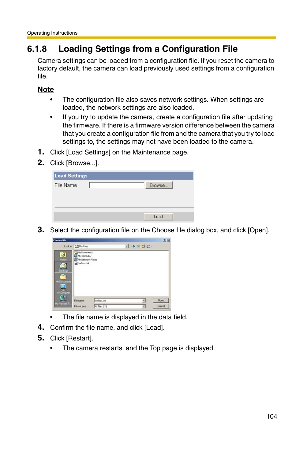 Ge 104, 8 loading settings from a configuration file | Panasonic BL-C1A User Manual | Page 104 / 141