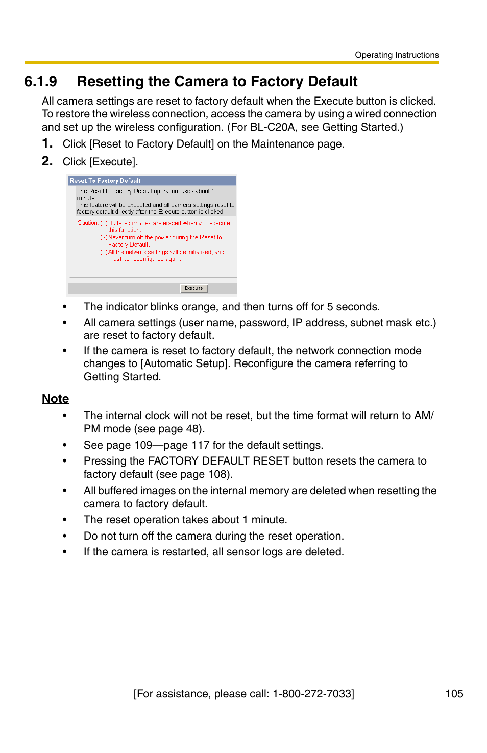 E 105), 9 resetting the camera to factory default | Panasonic BL-C1A User Manual | Page 105 / 141