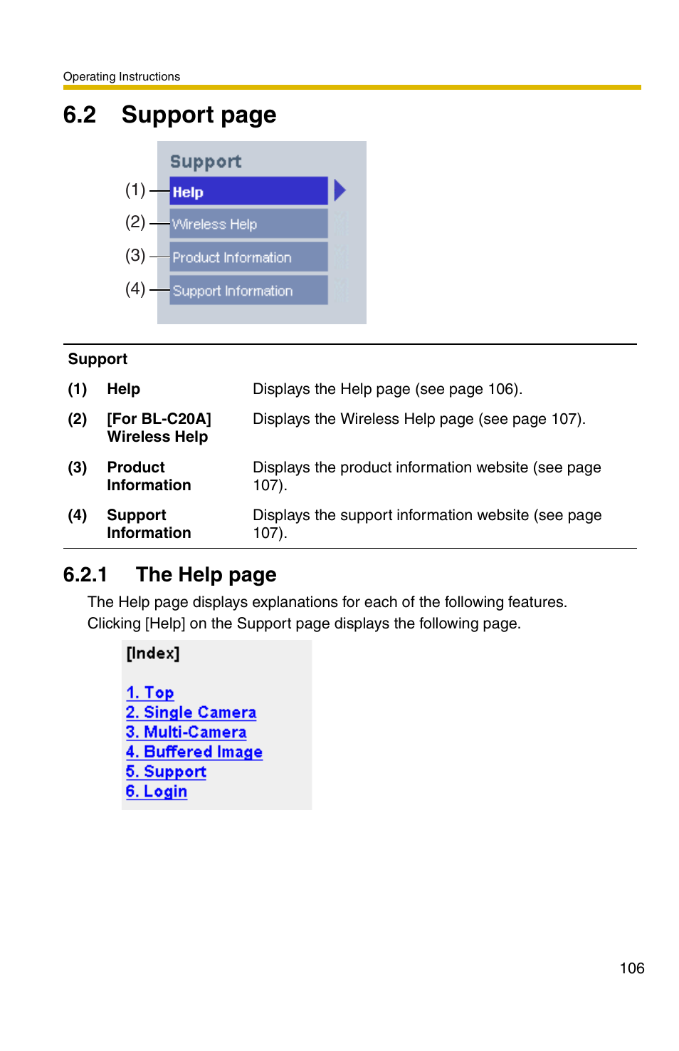 E 106, 2 support page, 1 the help page | Panasonic BL-C1A User Manual | Page 106 / 141