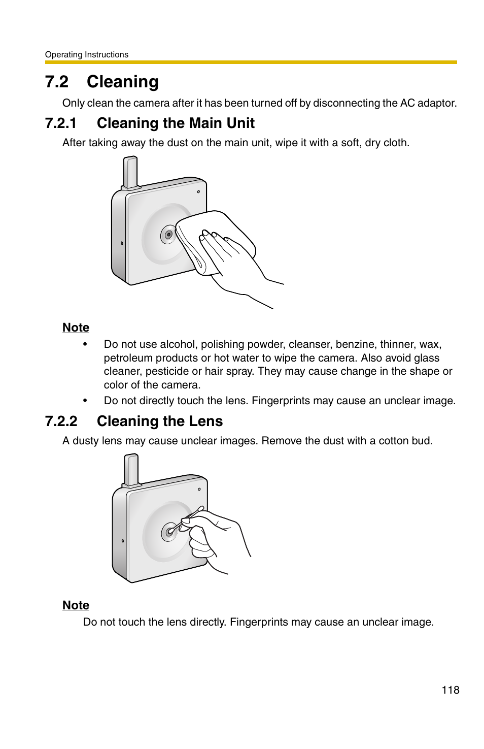 2 cleaning, 1 cleaning the main unit, 2 cleaning the lens | Panasonic BL-C1A User Manual | Page 118 / 141