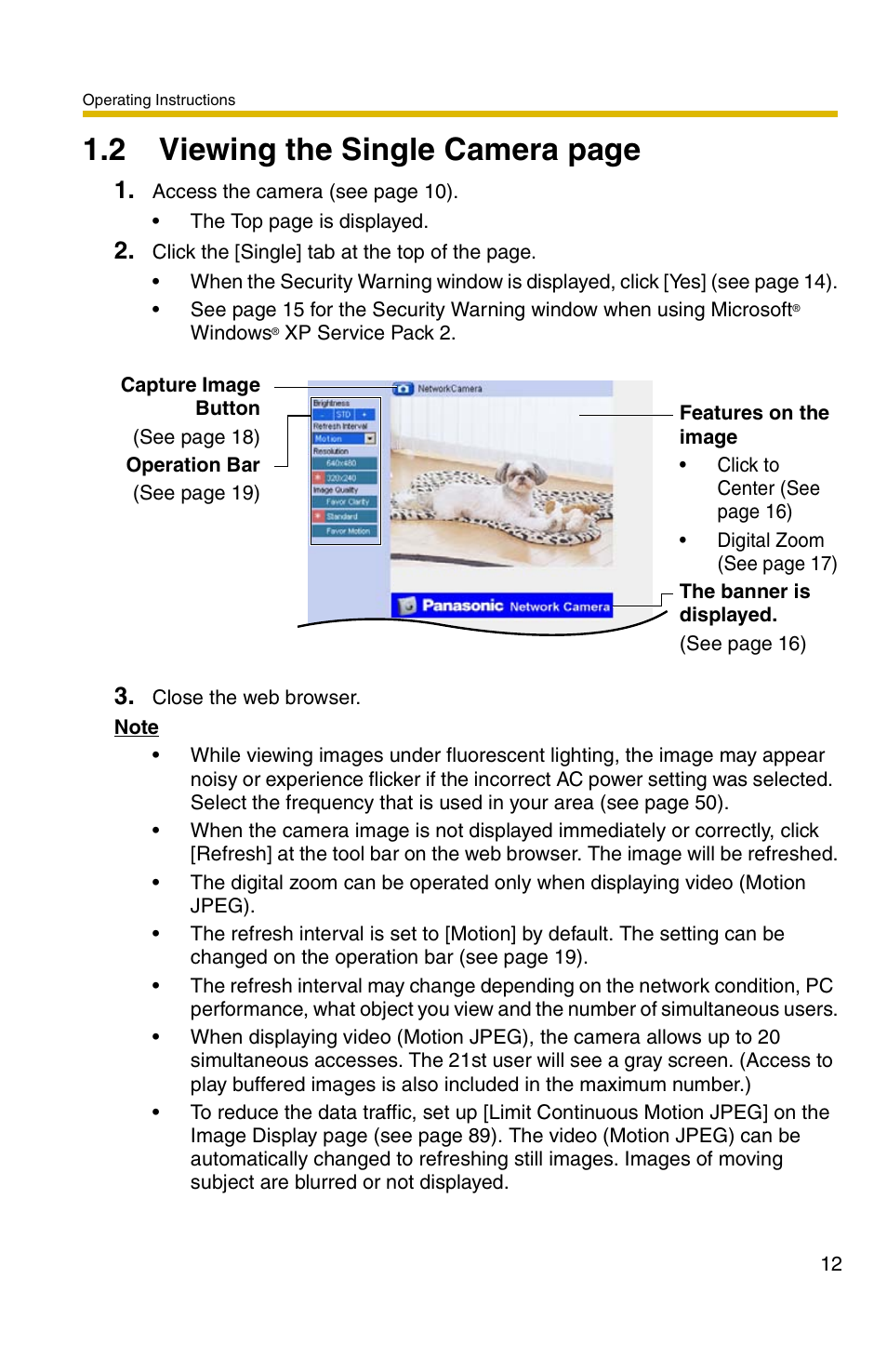 Ge 12, 2 viewing the single camera page | Panasonic BL-C1A User Manual | Page 12 / 141