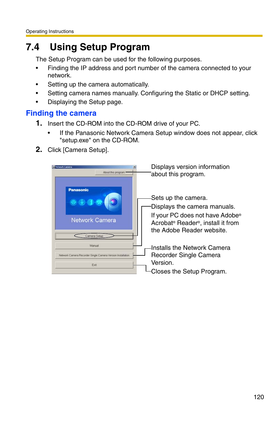 4 using setup program, Finding the camera 1 | Panasonic BL-C1A User Manual | Page 120 / 141