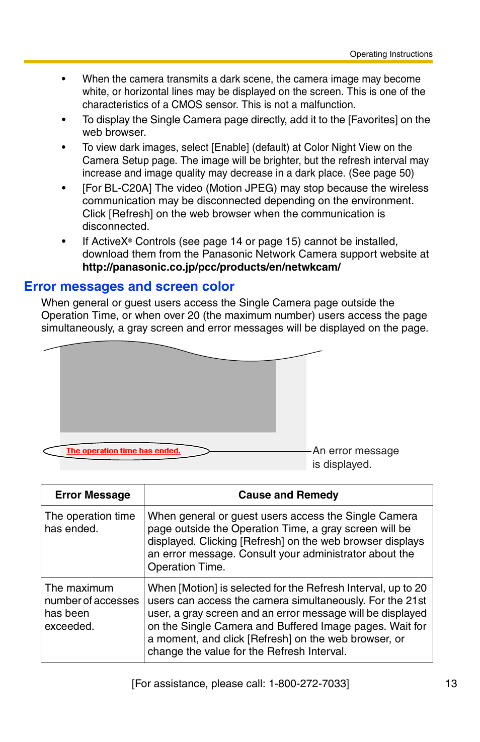 Error messages and screen color | Panasonic BL-C1A User Manual | Page 13 / 141