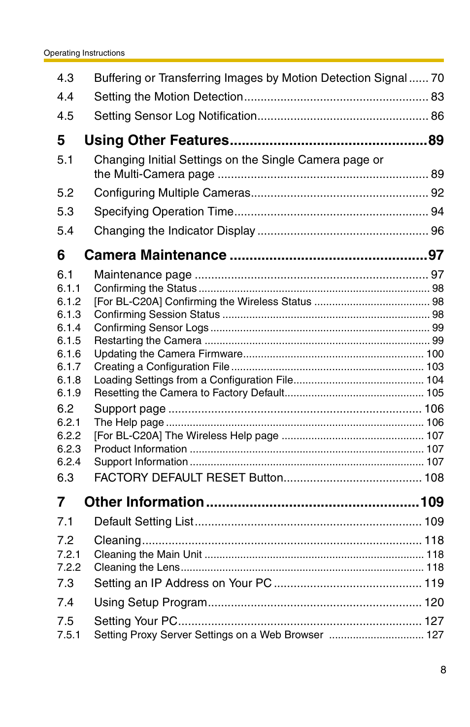 5 using other features 89, 6 camera maintenance 97, 7 other information 109 | 5using other features, 6camera maintenance, 7other information | Panasonic BL-C1A User Manual | Page 8 / 141