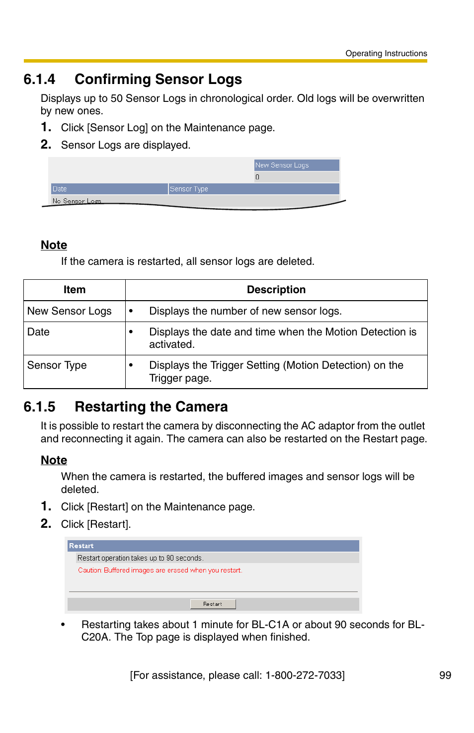 4 confirming sensor logs, 5 restarting the camera | Panasonic BL-C1A User Manual | Page 99 / 141