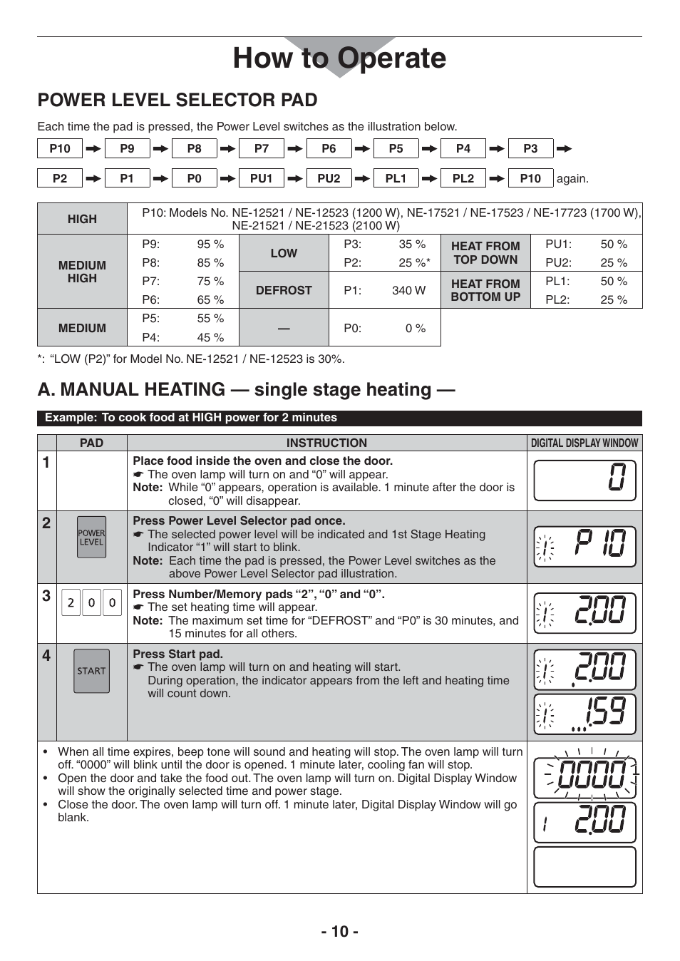 How to operate, Power level selector pad, A. manual heating . . .single stage heating | A. manual heating — single stage heating | Panasonic NE-17521 User Manual | Page 10 / 40