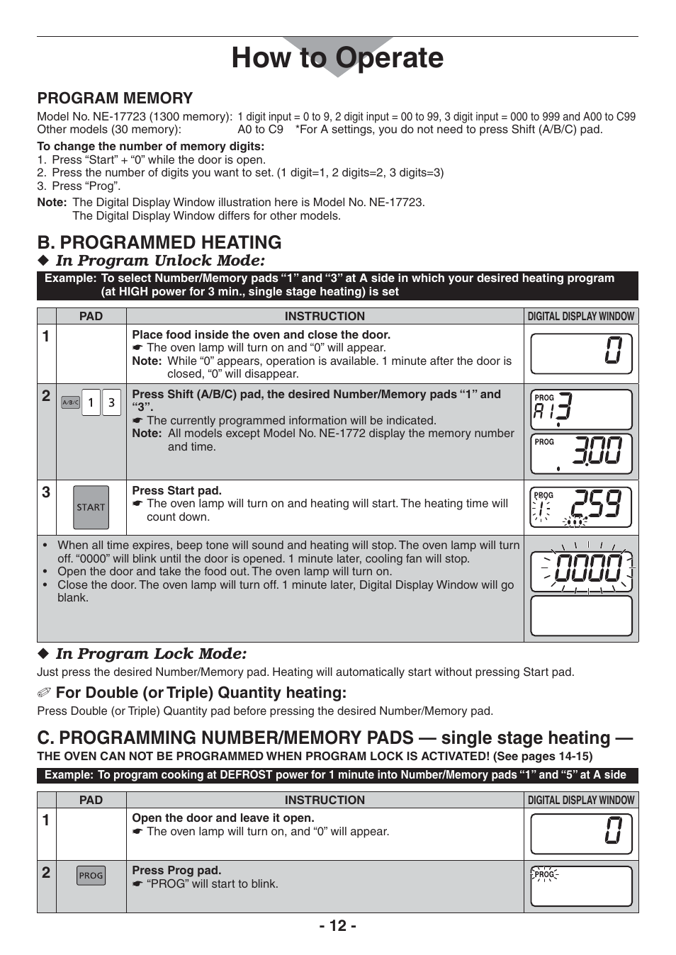 B. programmed heating, How to operate, For double (or triple) quantity heating | Panasonic NE-17521 User Manual | Page 12 / 40