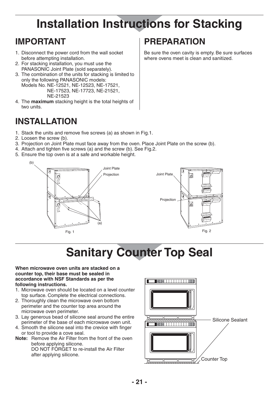 Installation instructions for stacking, Sanitary counter top seal, Important | Preparation, Installation | Panasonic NE-17521 User Manual | Page 21 / 40