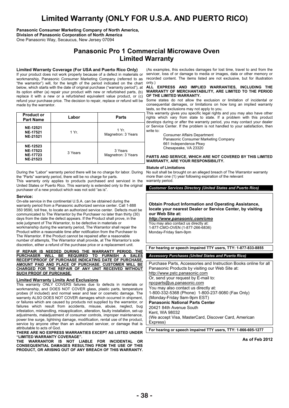 Panasonic commercial microwave oven warranty, Limited warranty (only for u.s.a. and puerto rico) | Panasonic NE-17521 User Manual | Page 38 / 40