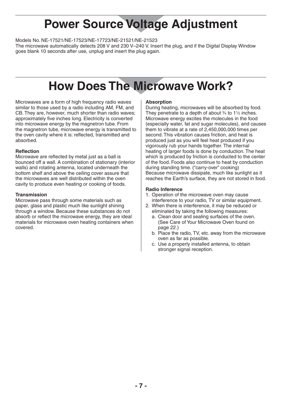 Power source voltage adjustment, How does the microwave work | Panasonic NE-17521 User Manual | Page 7 / 40