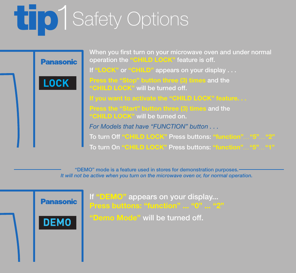 Tip 1, Safety options | Panasonic NN-H965BF User Manual | Page 5 / 8