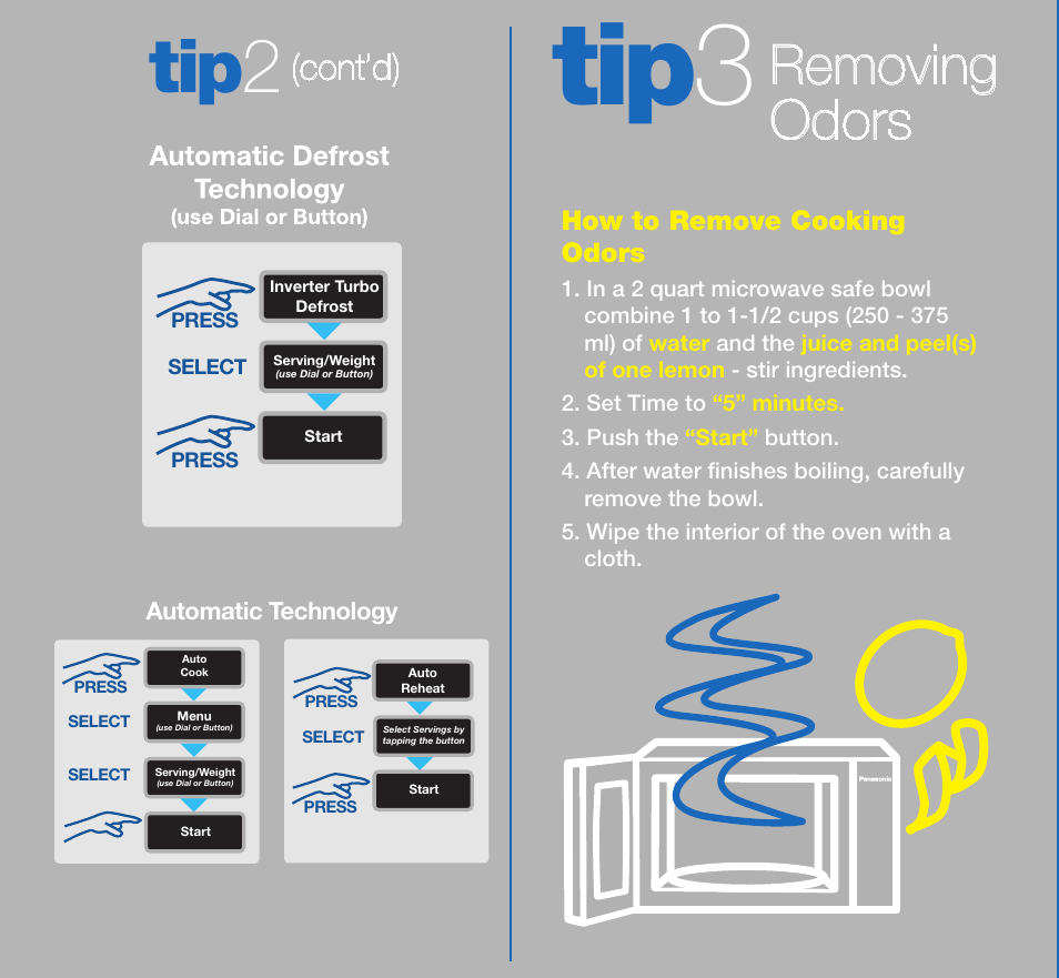 Tip 3, Tip 2, Removing odors | Cont’d) | Panasonic NN-H965BF User Manual | Page 7 / 8