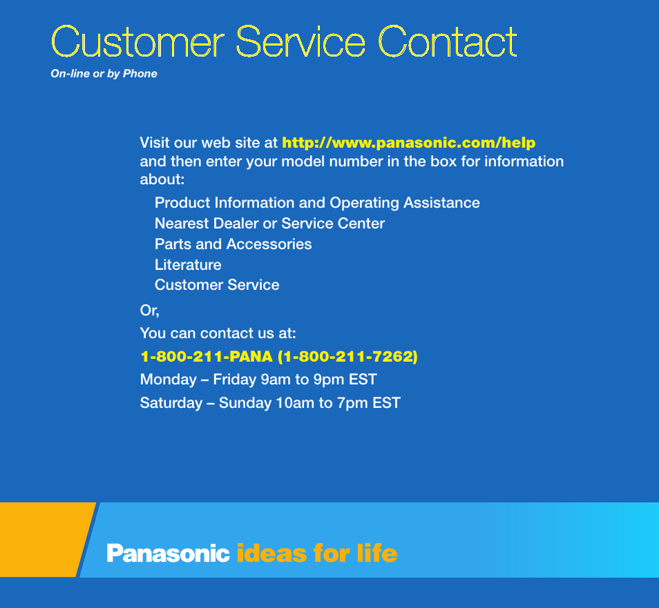 Customer service contact | Panasonic NN-H965BF User Manual | Page 8 / 8