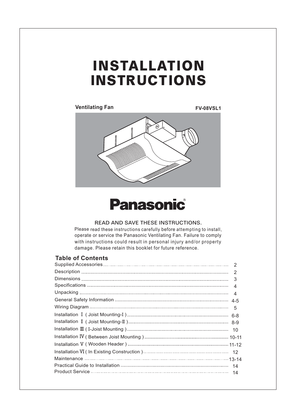 Panasonic FV-08VSL1 User Manual | 15 pages
