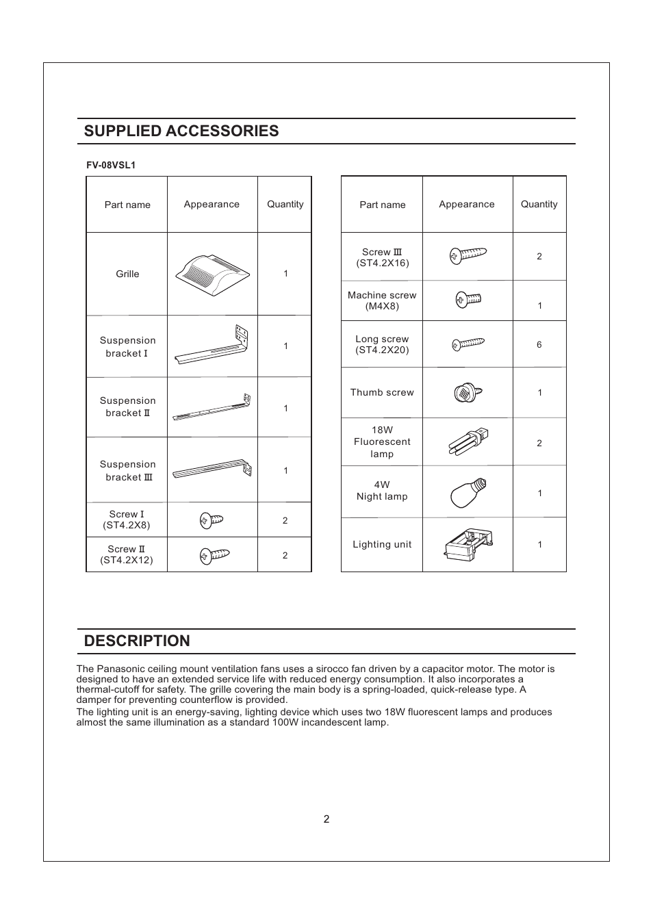 Supplied accessories description | Panasonic FV-08VSL1 User Manual | Page 2 / 15