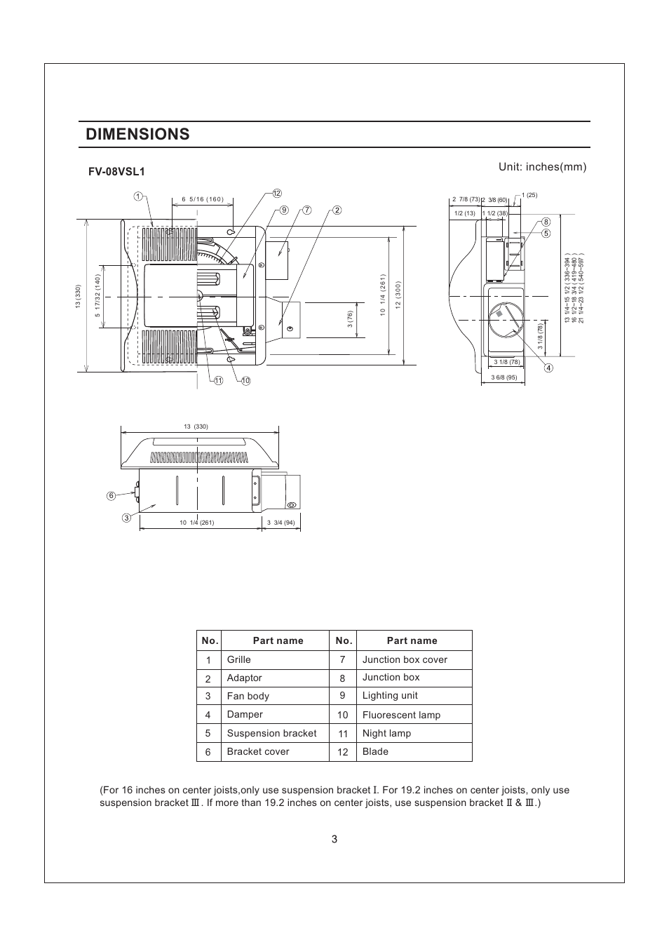 Dimensions, Fv-08vsl1, Unit: ( ) inches mm | 12 blade | Panasonic FV-08VSL1 User Manual | Page 3 / 15