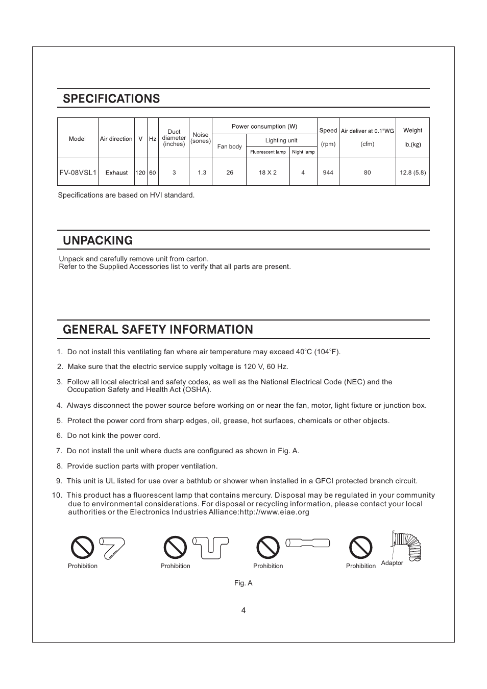 Specifications unpacking | Panasonic FV-08VSL1 User Manual | Page 4 / 15