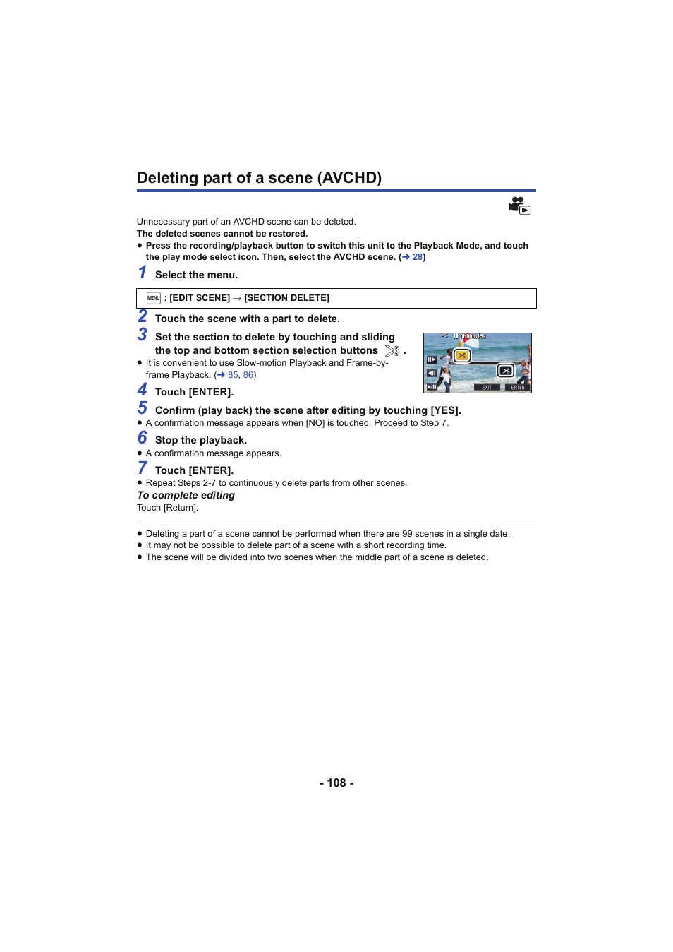 Deleting part of a scene (avchd) | Panasonic HC-W850K User Manual | Page 108 / 220