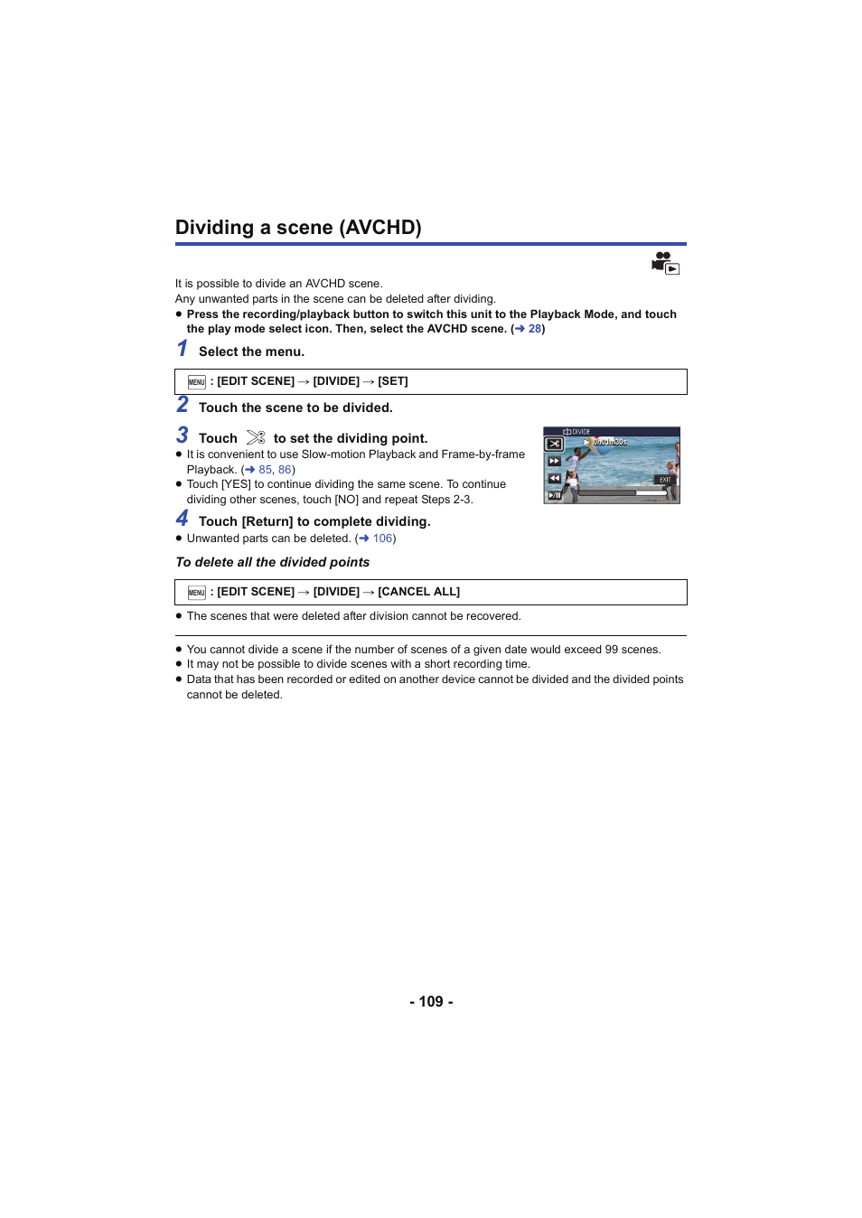 Dividing a scene (avchd) | Panasonic HC-W850K User Manual | Page 109 / 220