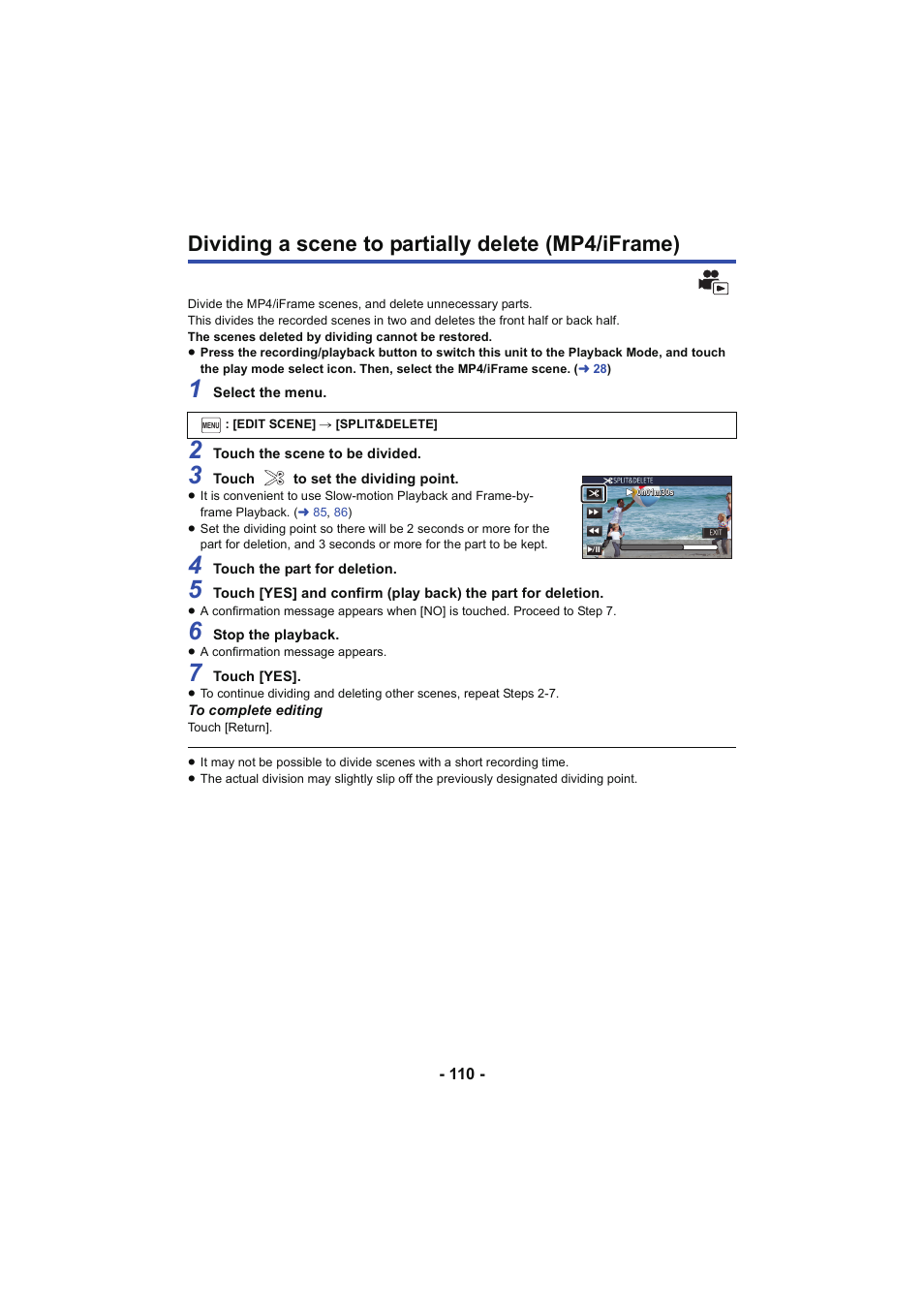 Dividing a scene to partially delete (mp4/iframe) | Panasonic HC-W850K User Manual | Page 110 / 220