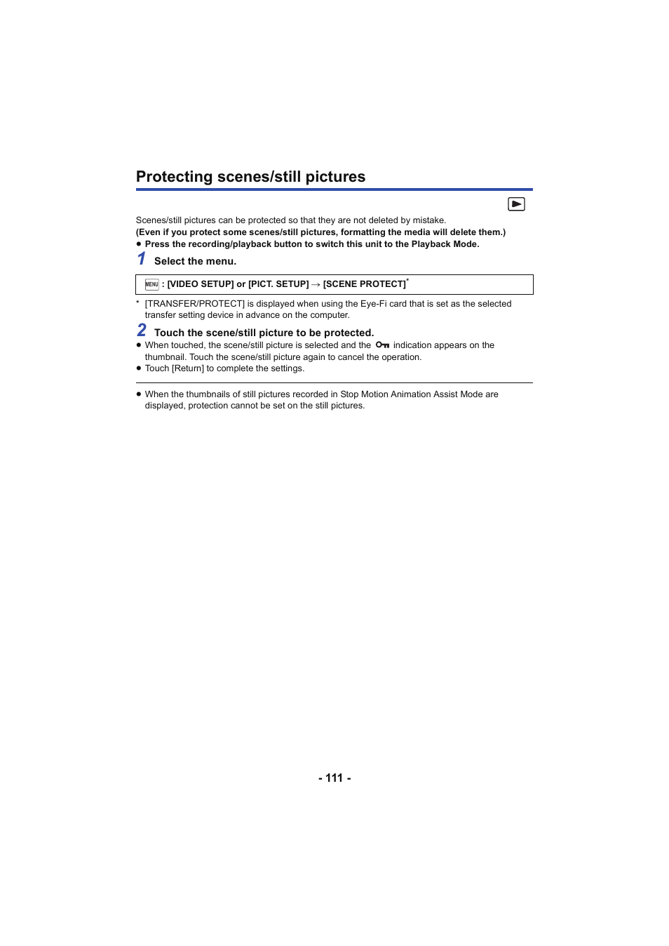 Protecting scenes/still pictures | Panasonic HC-W850K User Manual | Page 111 / 220