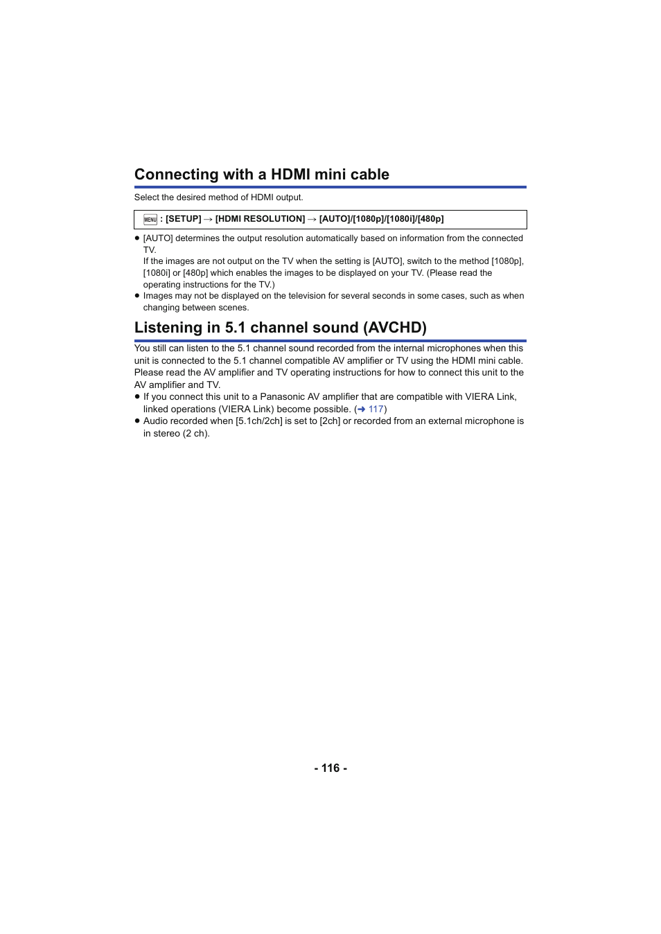 Connecting with a hdmi mini cable, Listening in 5.1 channel sound (avchd), Connecting with a hdmi mini | Cable, L 116, Listening in 5.1 channel sound, Avchd) | Panasonic HC-W850K User Manual | Page 116 / 220