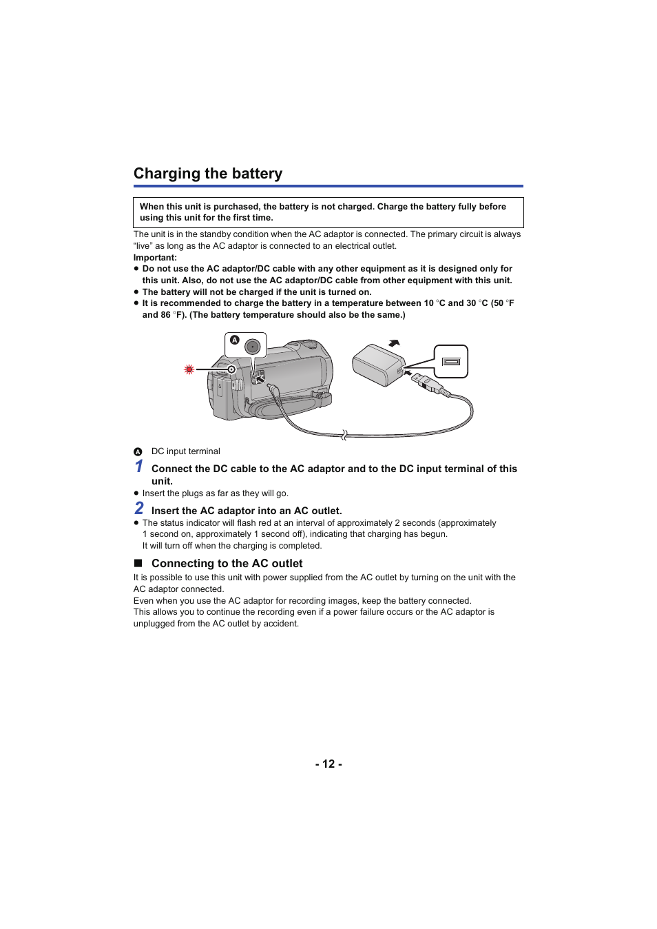 Charging the battery, L 12 | Panasonic HC-W850K User Manual | Page 12 / 220