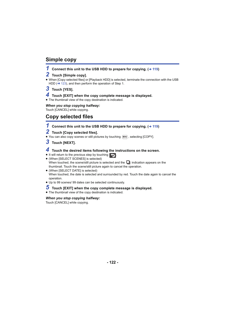 Simple copy, Copy selected files, Simple copy copy selected files | L 122 | Panasonic HC-W850K User Manual | Page 122 / 220