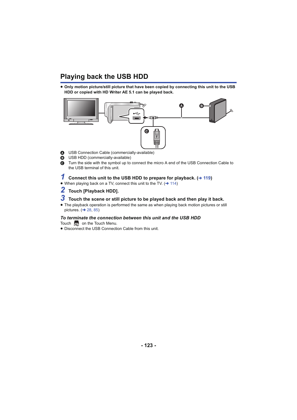 Playing back the usb hdd, L 123 | Panasonic HC-W850K User Manual | Page 123 / 220