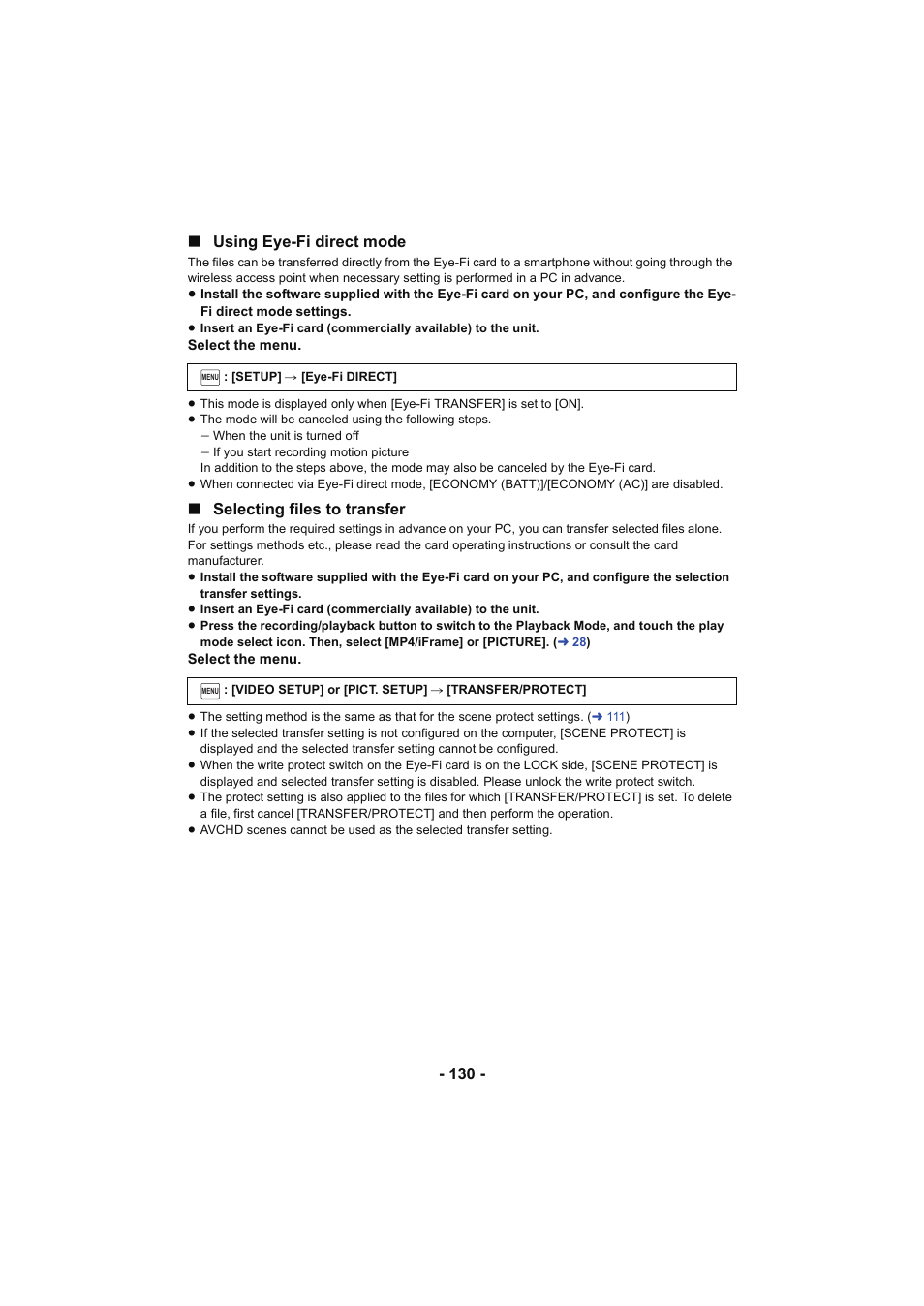 130 - ∫ using eye-fi direct mode, Selecting files to transfer | Panasonic HC-W850K User Manual | Page 130 / 220