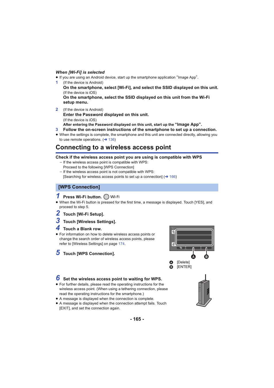 Connecting to a wireless access point, Wps connection, L 165 | Panasonic HC-W850K User Manual | Page 165 / 220