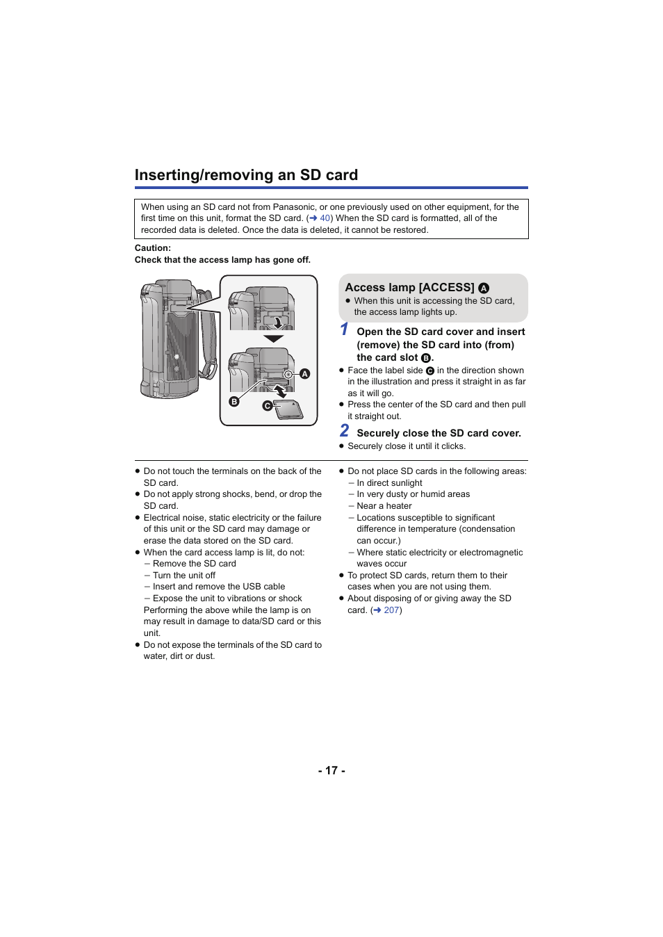 Inserting/removing an sd card, L 17 | Panasonic HC-W850K User Manual | Page 17 / 220