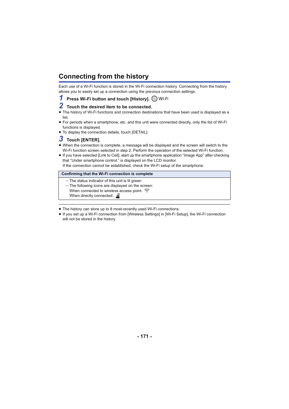 Connecting from the history, L 171 | Panasonic HC-W850K User Manual | Page 171 / 220