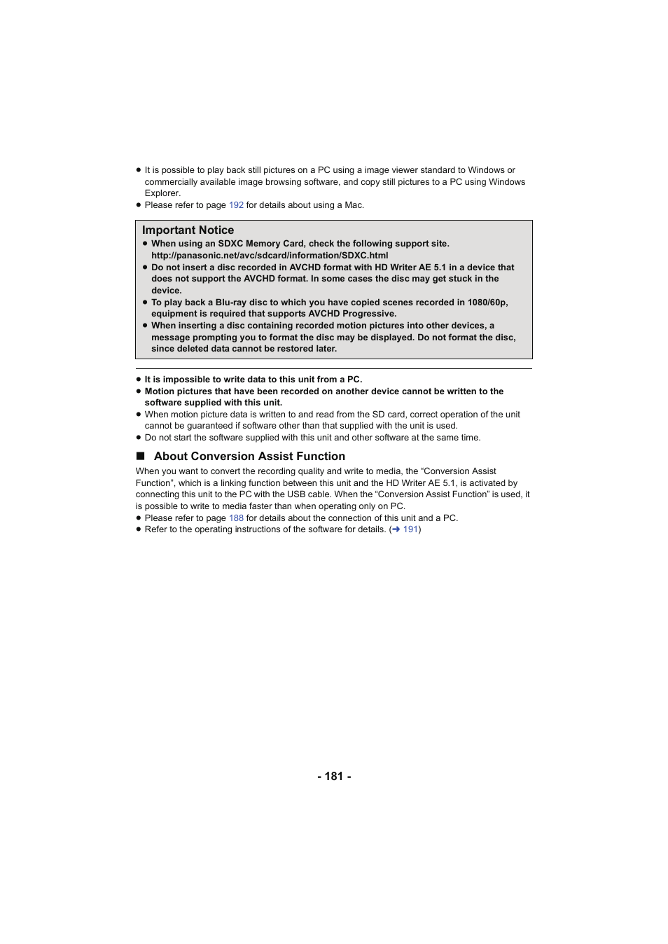 L 181, Important notice), About conversion assist function | Important notice | Panasonic HC-W850K User Manual | Page 181 / 220