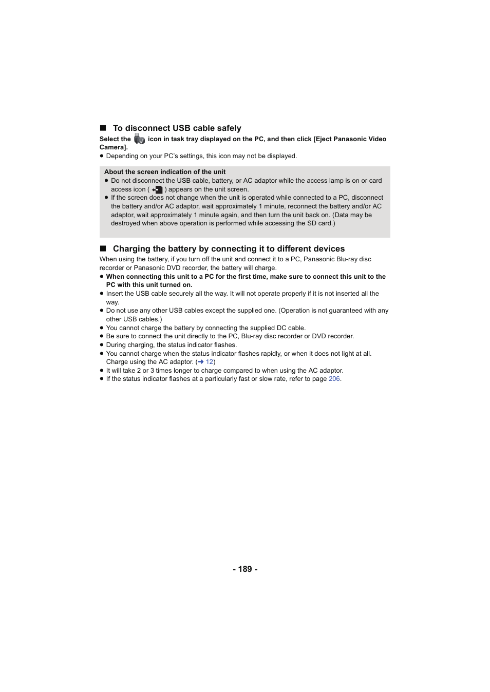 189 - ∫ to disconnect usb cable safely | Panasonic HC-W850K User Manual | Page 189 / 220