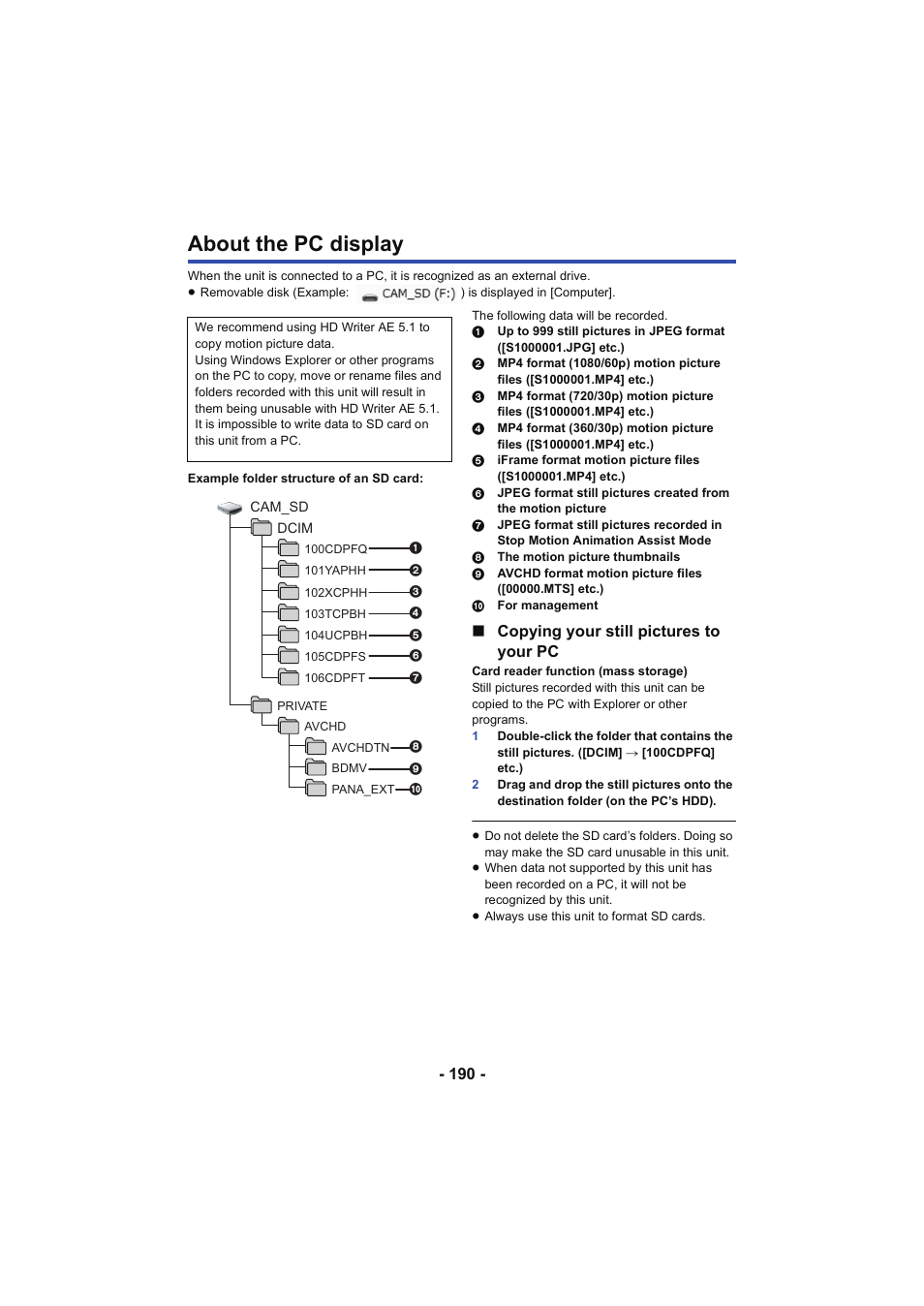About the pc display, L 190 | Panasonic HC-W850K User Manual | Page 190 / 220