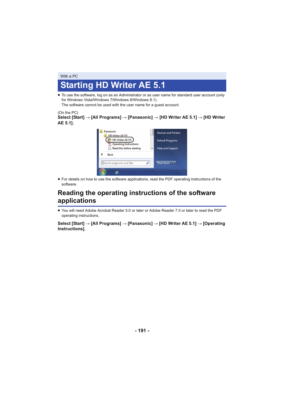 Starting hd writer ae 5.1, L 191 | Panasonic HC-W850K User Manual | Page 191 / 220