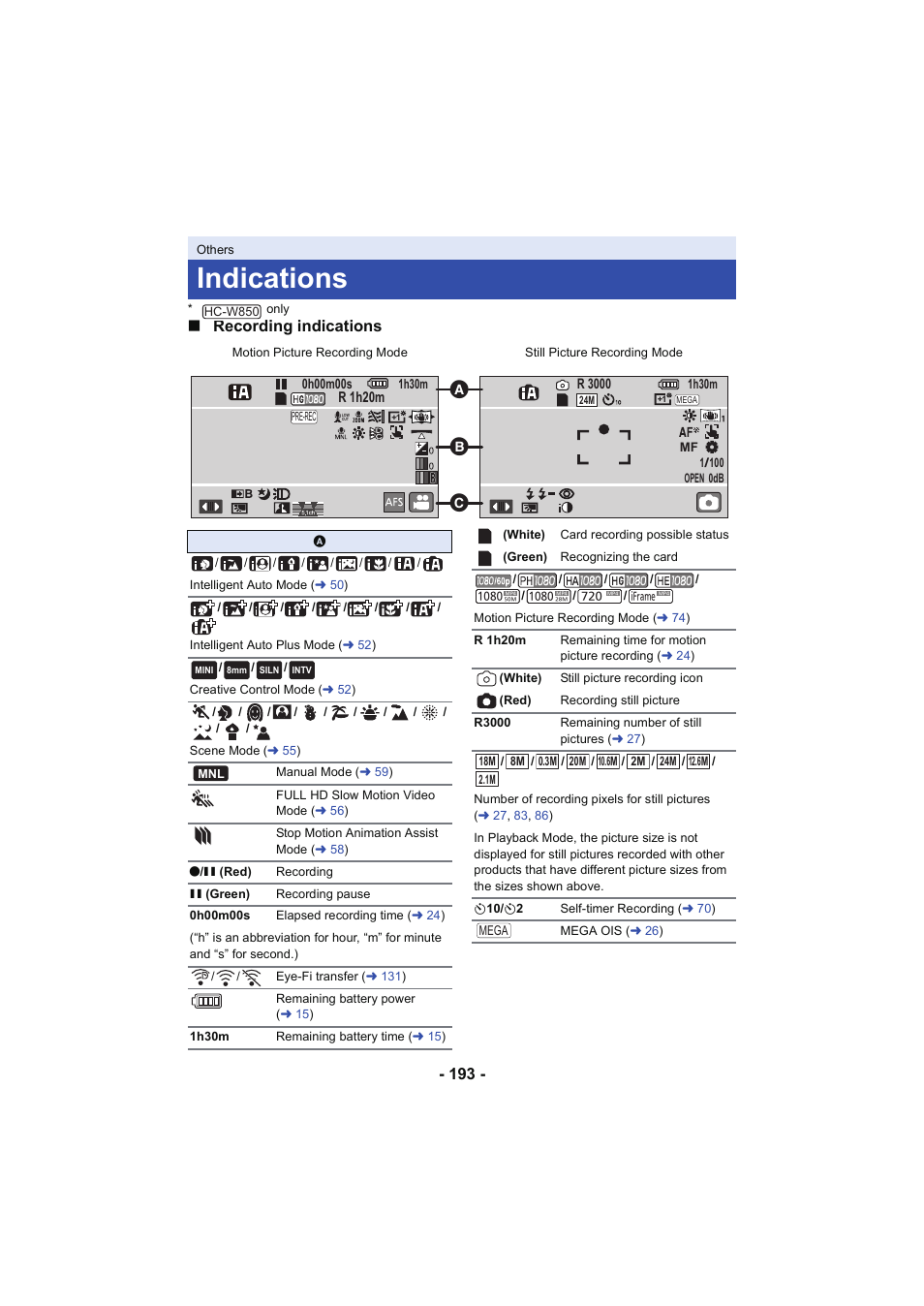 Others, Indications, L 193 | Recording indications | Panasonic HC-W850K User Manual | Page 193 / 220