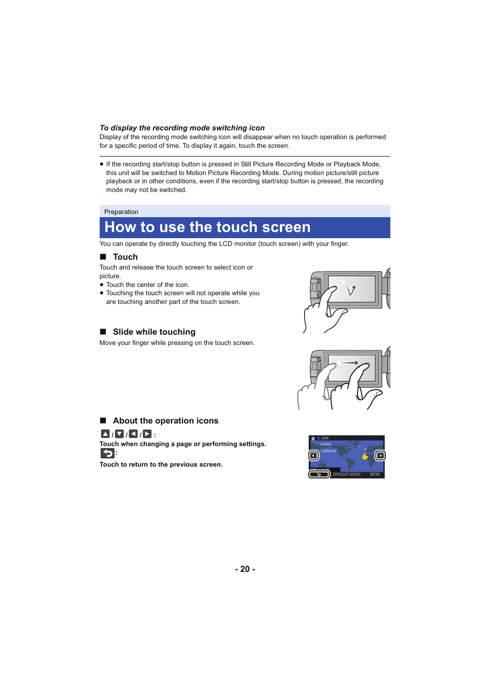 How to use the touch screen, L 20 | Panasonic HC-W850K User Manual | Page 20 / 220