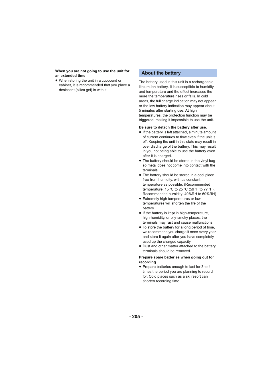 About the battery | Panasonic HC-W850K User Manual | Page 205 / 220