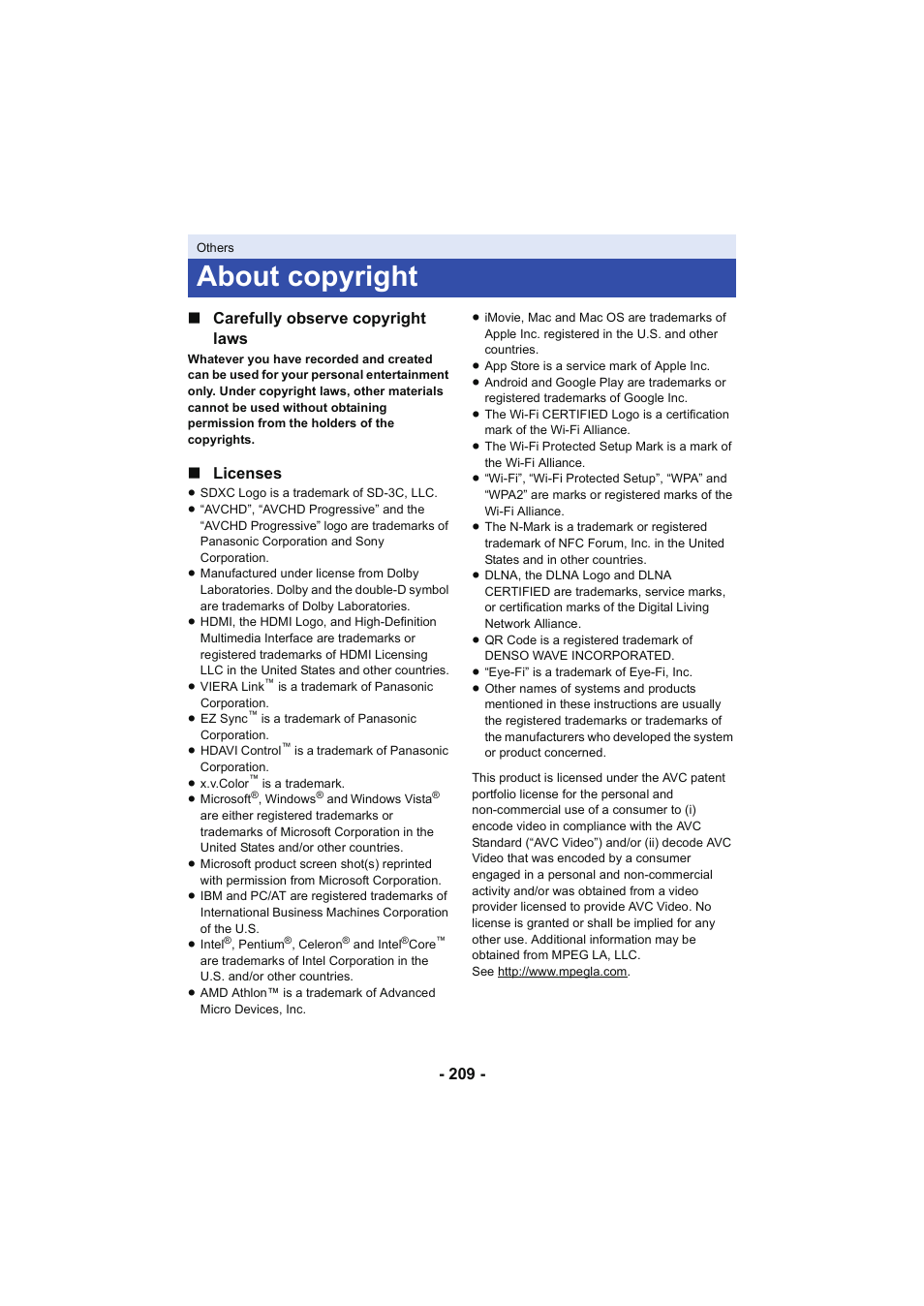 About copyright, 209 - ∫ carefully observe copyright laws, Licenses | Panasonic HC-W850K User Manual | Page 209 / 220