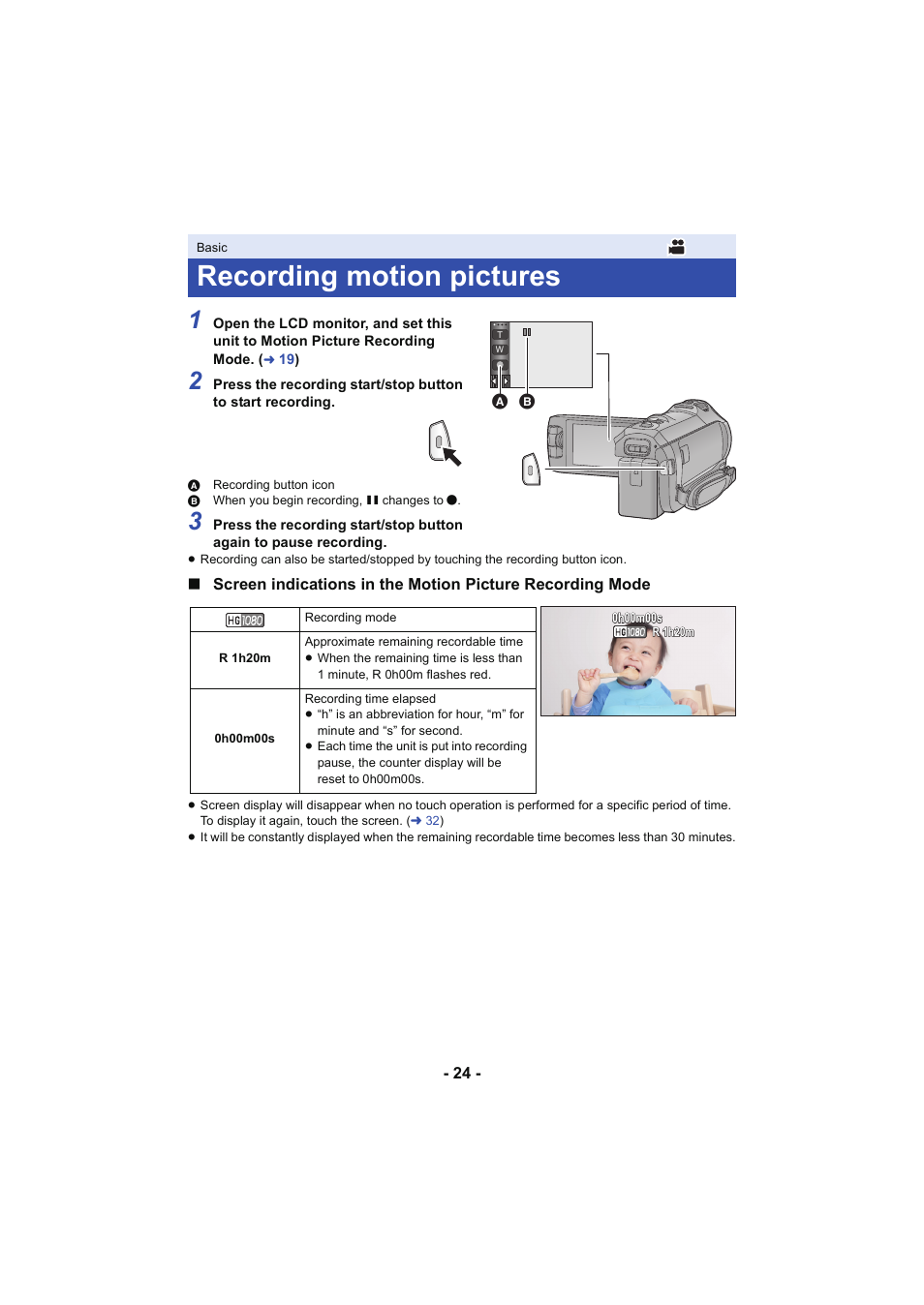 Recording motion pictures, L 24 | Panasonic HC-W850K User Manual | Page 24 / 220