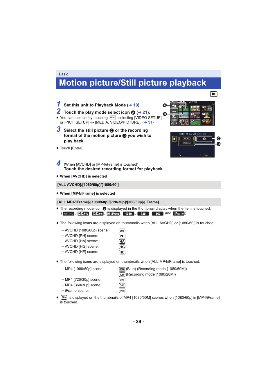Motion picture/still picture playback, L 28 | Panasonic HC-W850K User Manual | Page 28 / 220
