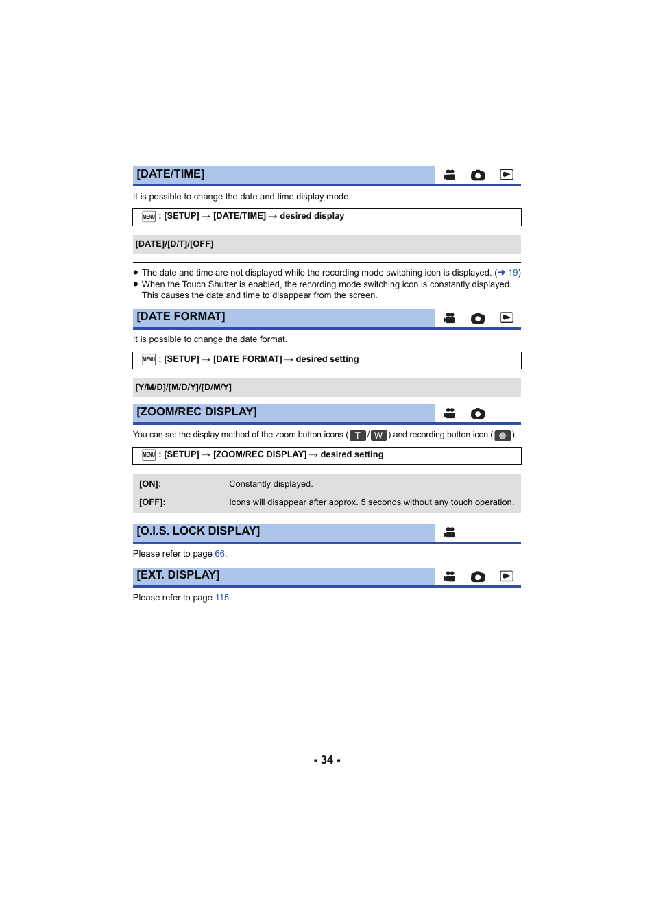 Date/time, Date format, Zoom/rec display | O.i.s. lock display] [ext. display | Panasonic HC-W850K User Manual | Page 34 / 220