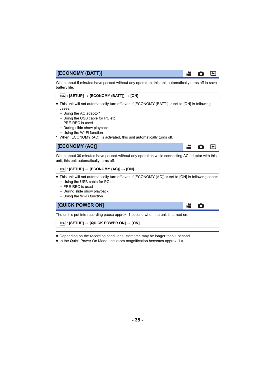 Economy (batt), Economy (ac), Quick power on | Panasonic HC-W850K User Manual | Page 35 / 220